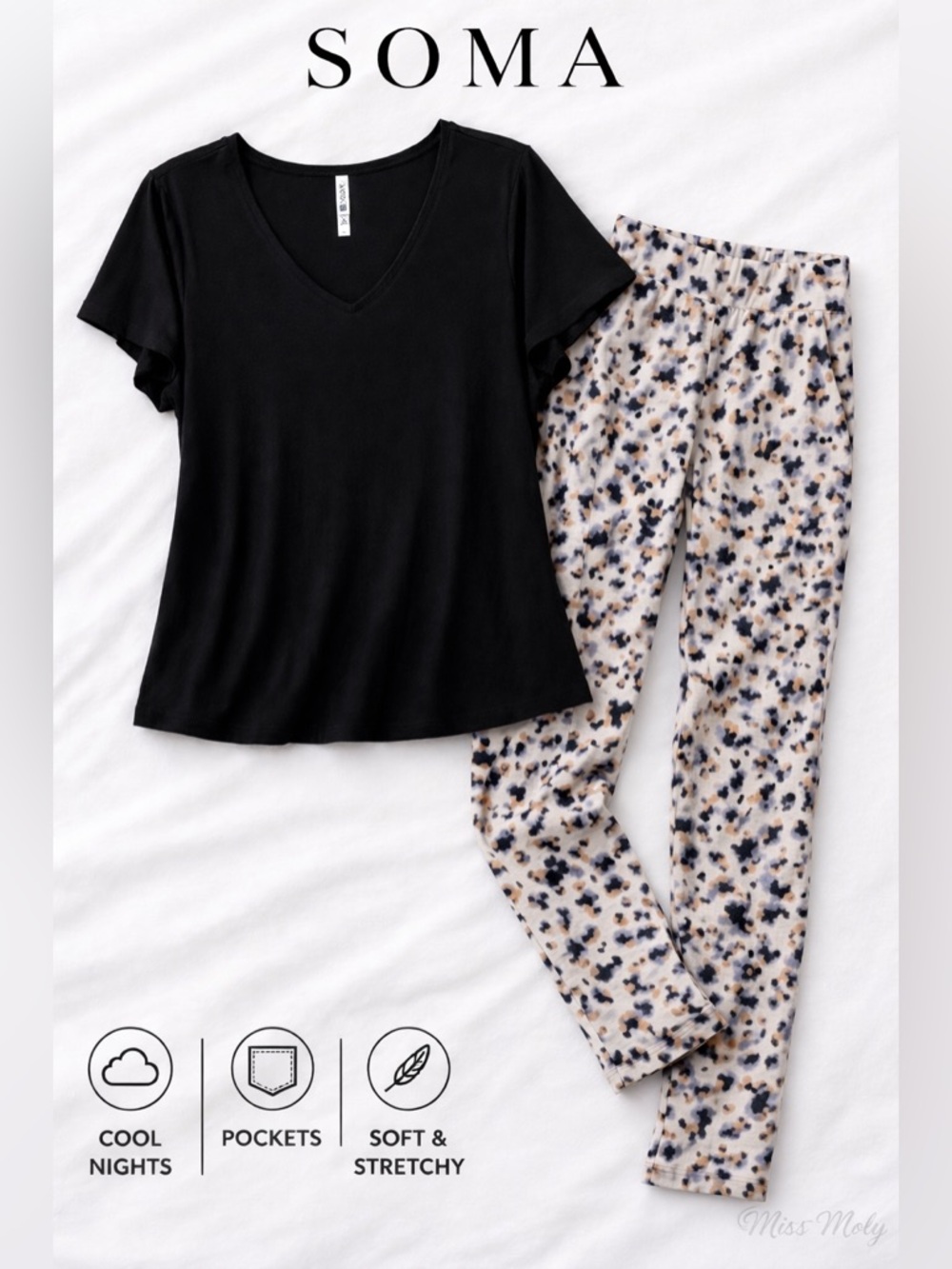 Soma Cool Nights Pajama Set XL Black Top Animal Print Pants Pockets Soft
